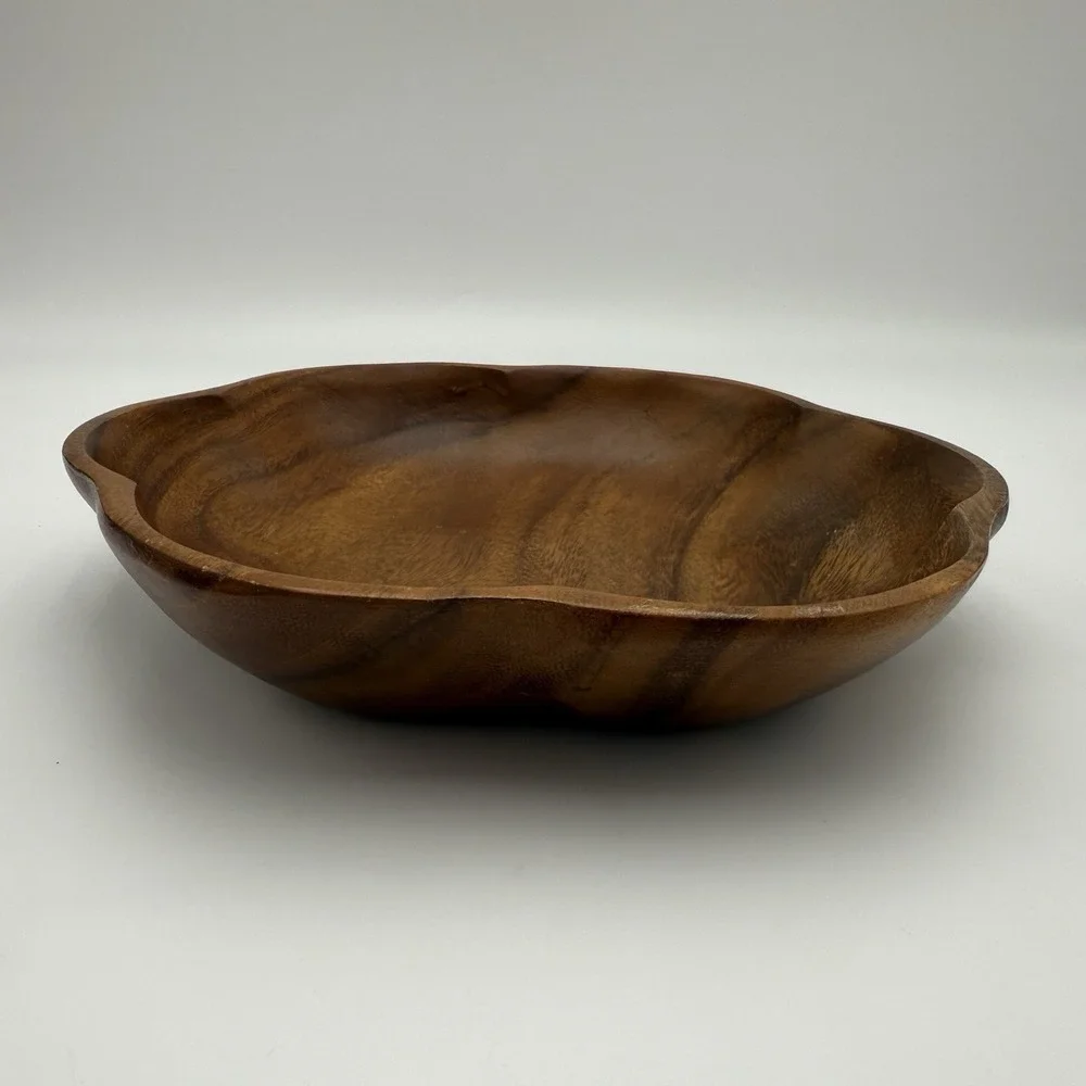 Vtg MCM Monkey Pod Wood Bowl with 12 Pieces of Wooden Fruit Farm Country English
